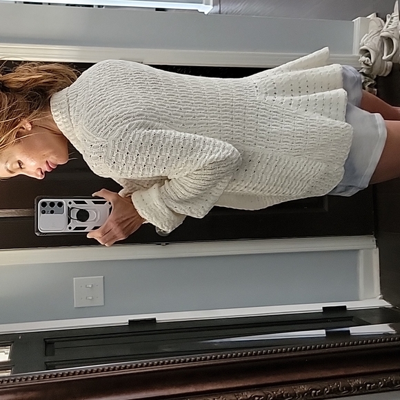 Madison Petite Crochet Open Weave Knit Balloon Sleeve Cardigan with Ruffle Back - Picture 2 of 9